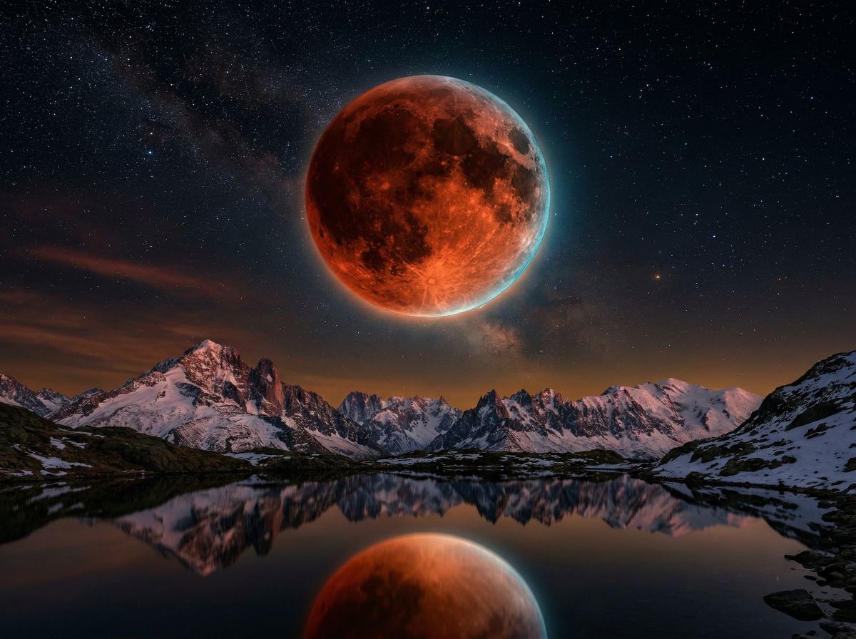 Eclipsa totală de Lună Blood Moon 3 martie 2026 deasupra munților cu lac și reflexie