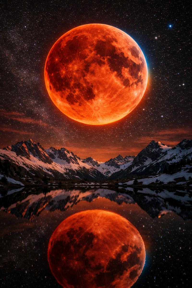 Blood Moon eclipsa de Lună martie 2026 vedere apropiată deasupra crestelor montane