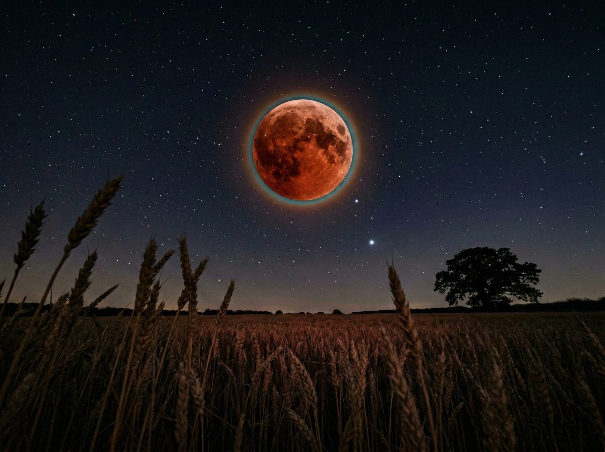 Luna roșie Blood Moon eclipsa 2026 deasupra unui câmp de grâu cu copac solitar