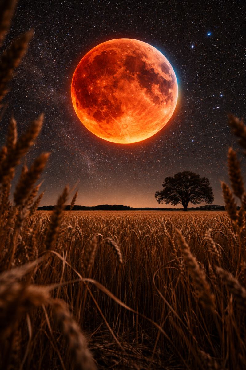 Eclipsa lunară totală 3 martie 2026 Blood Moon la apus deasupra câmpiei