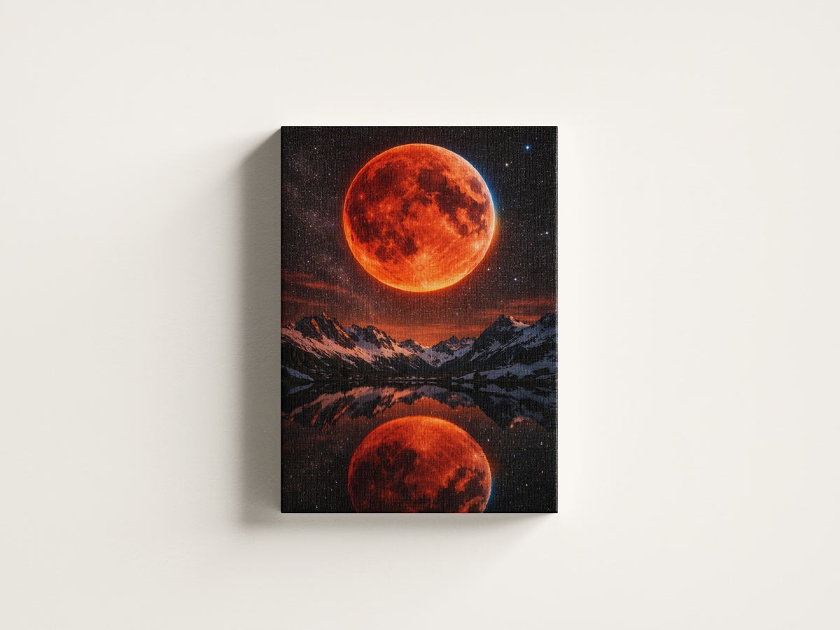 Tablou canvas Blood Moon eclipsa de Lună 2026 montat pe perete în dormitor