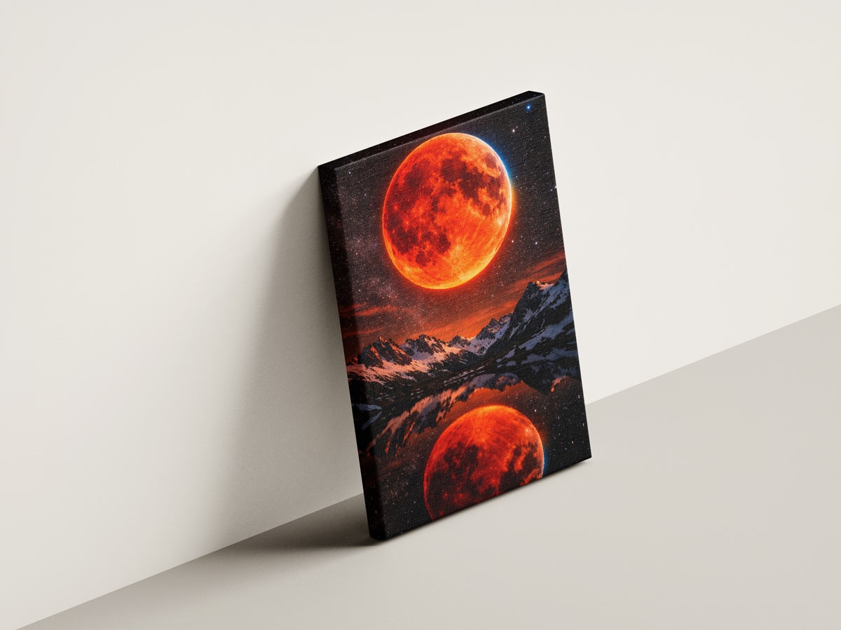 Canvas cu eclipsa de Lună Blood Moon 2026 sprijinit pe perete în living modern